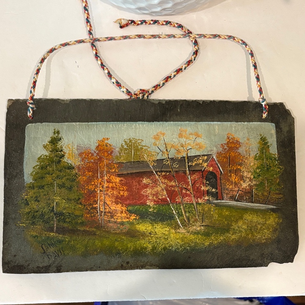 Hand-Painted Red Covered Bridge Slate Wall Art Signed Rustic Cottage Core